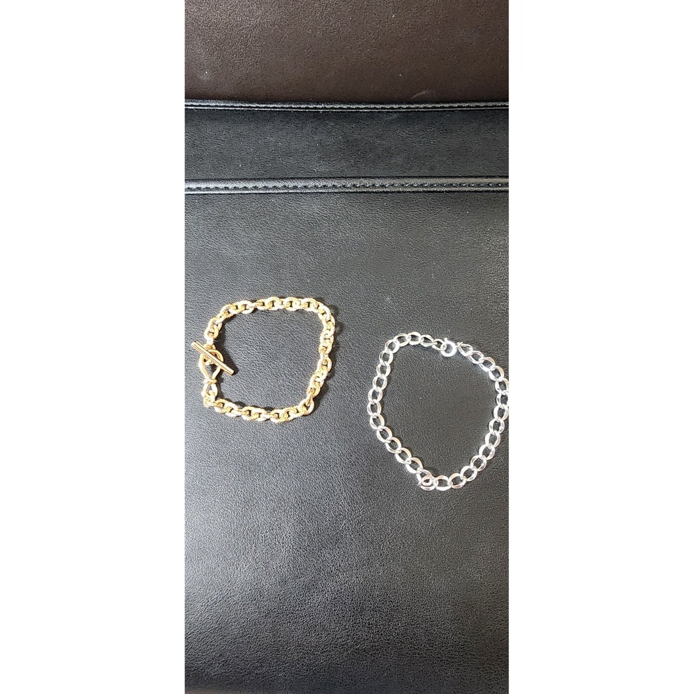 Set of 2 Chain Bracelets Gold Tone Toggle Rope & Silver Tone Curb Link Bundle